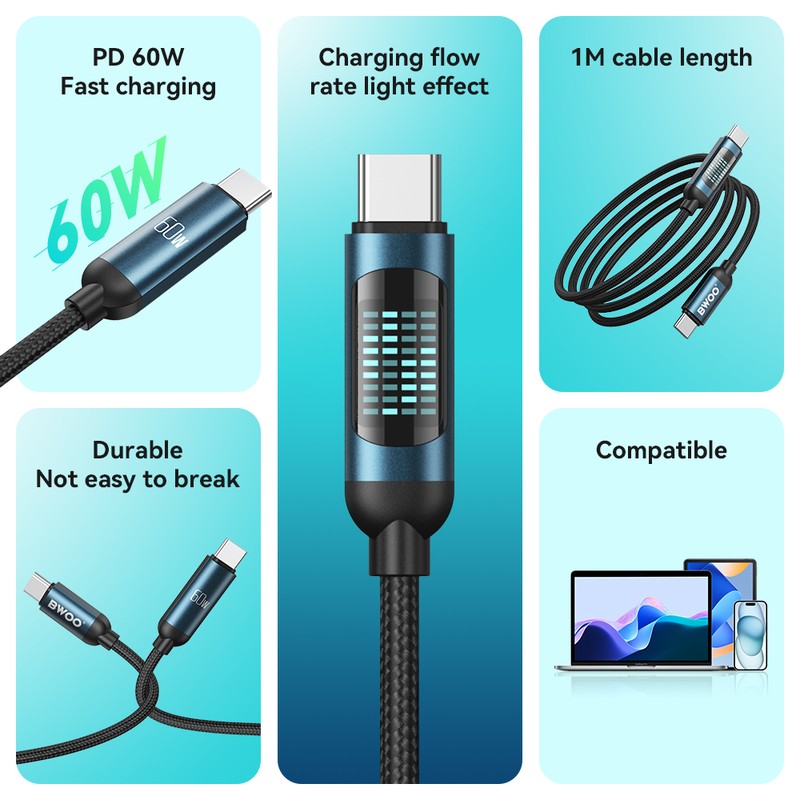 Cablu de date BWOO, USB-C - Lightning, 1 m, 27W, negru