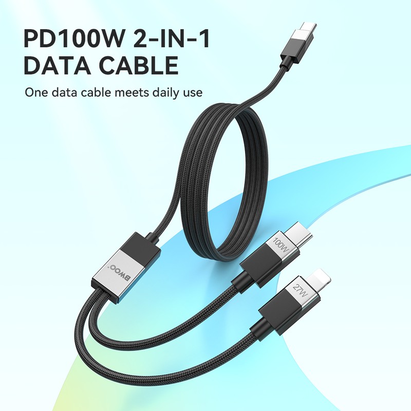 Cablu de date BWOO 2-in-1, USB-C - USB-C, 1 m, 100W, negru