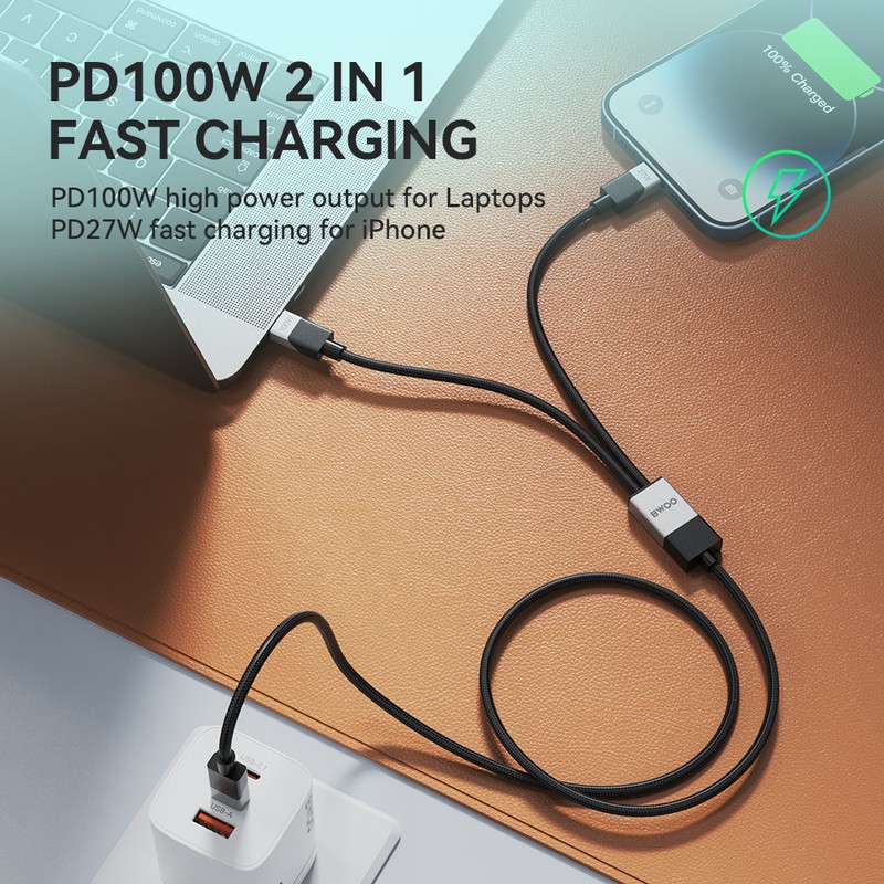 Cablu de date BWOO 2-in-1, USB-C - USB-C, 1 m, 100W, negru