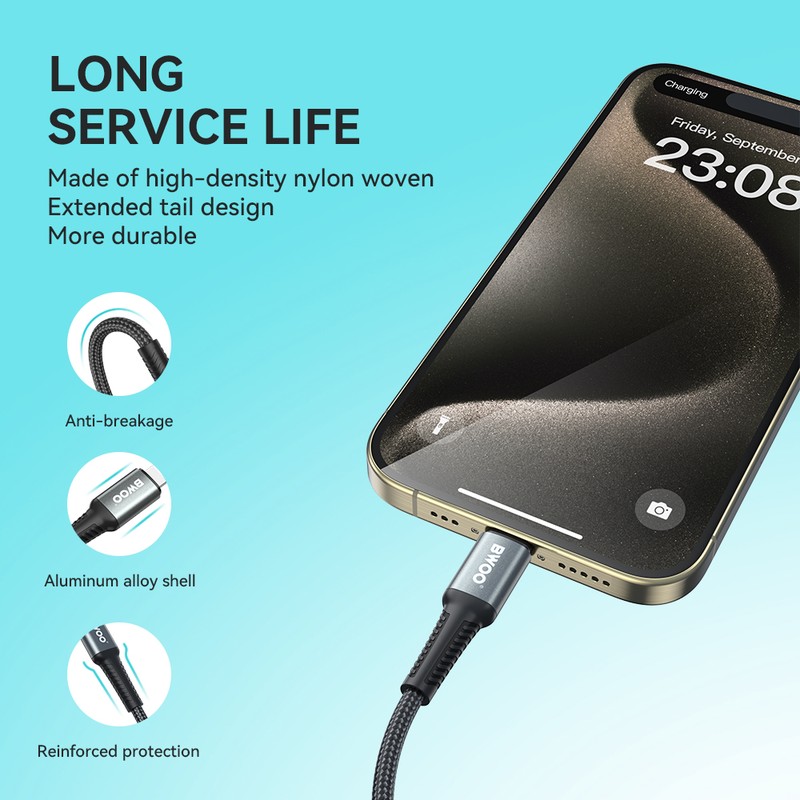 Cablu de date BWOO, USB-C - Lightning, 3 m, 30W, negru