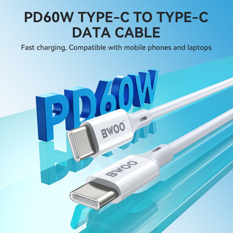 Cablu de date BWOO, USB-C - USB-C, 2 m, 60W, alb