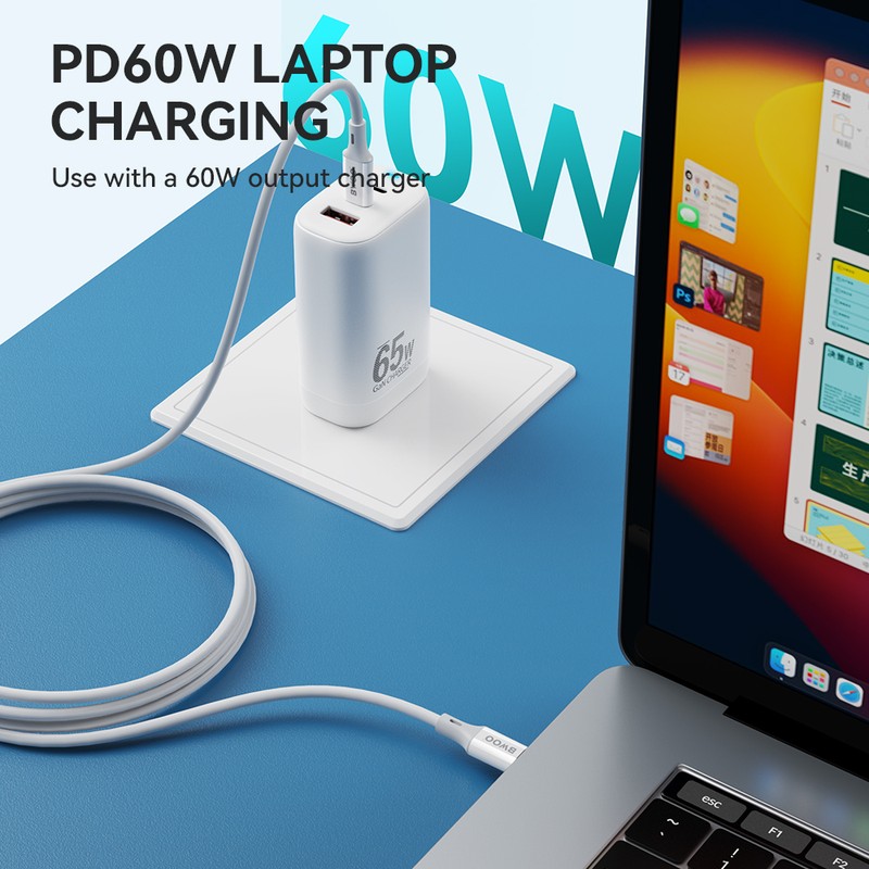 Cablu de date BWOO, USB-C - USB-C, 2 m, 60W, alb