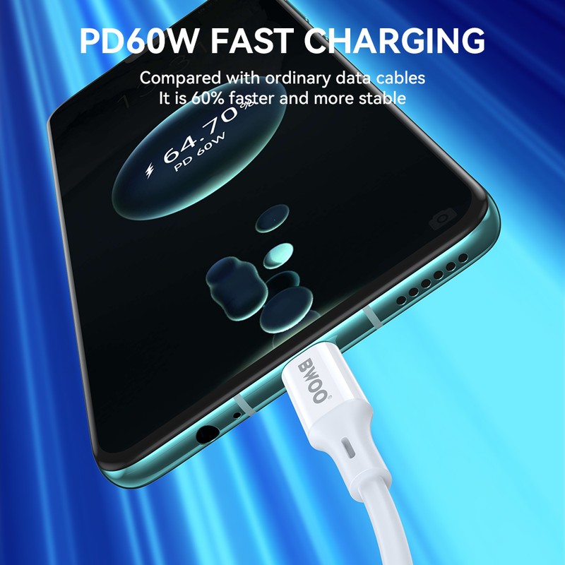 Cablu de date BWOO, USB-C - USB-C, 2 m, 60W, alb