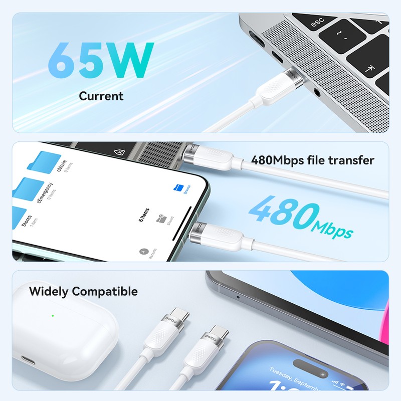 Cablu de date BWOO, USB-C - USB-C, 1 m, 65W, alb