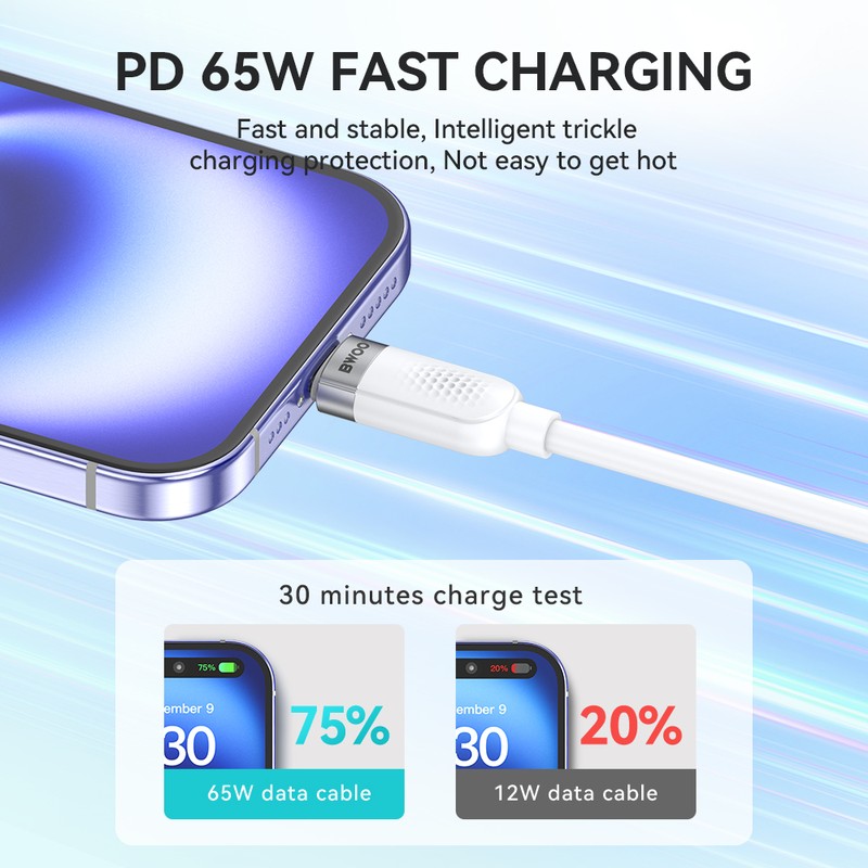 Cablu de date BWOO, USB-C - USB-C, 1 m, 65W, alb
