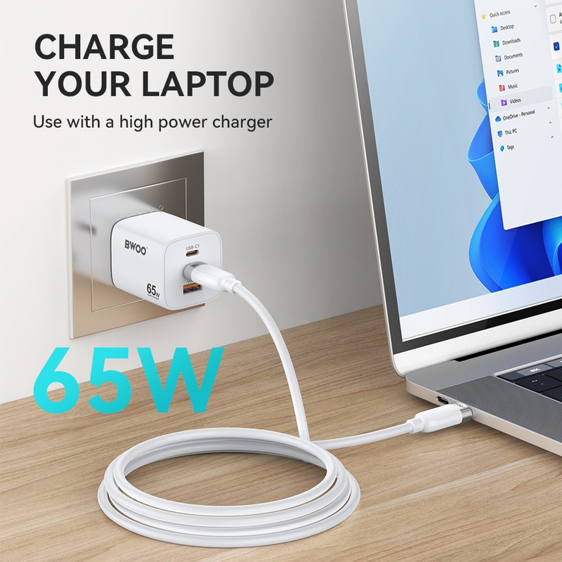 Cablu de date BWOO, USB-C - USB-C, 1 m, 65W, alb