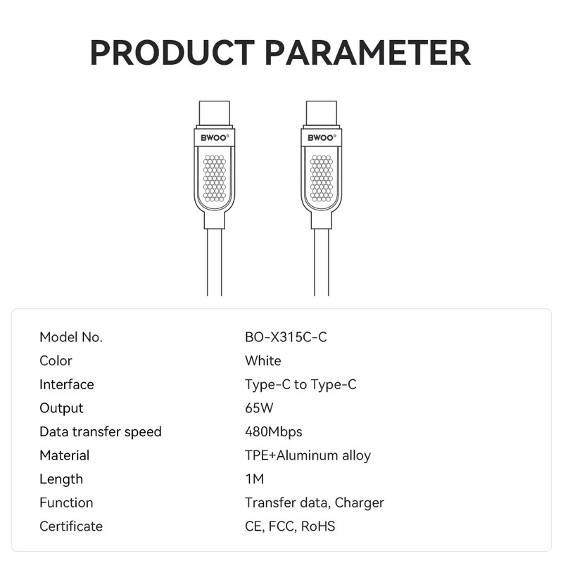 Cablu de date BWOO, USB-C - USB-C, 1 m, 65W, alb
