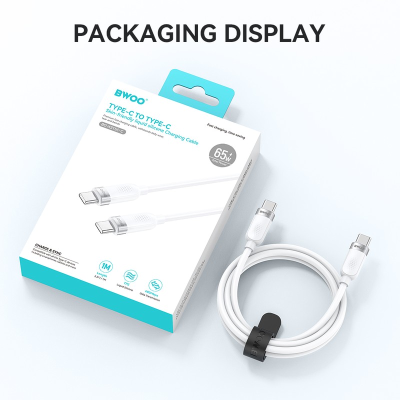 Cablu de date BWOO, USB-C - USB-C, 1 m, 65W, alb