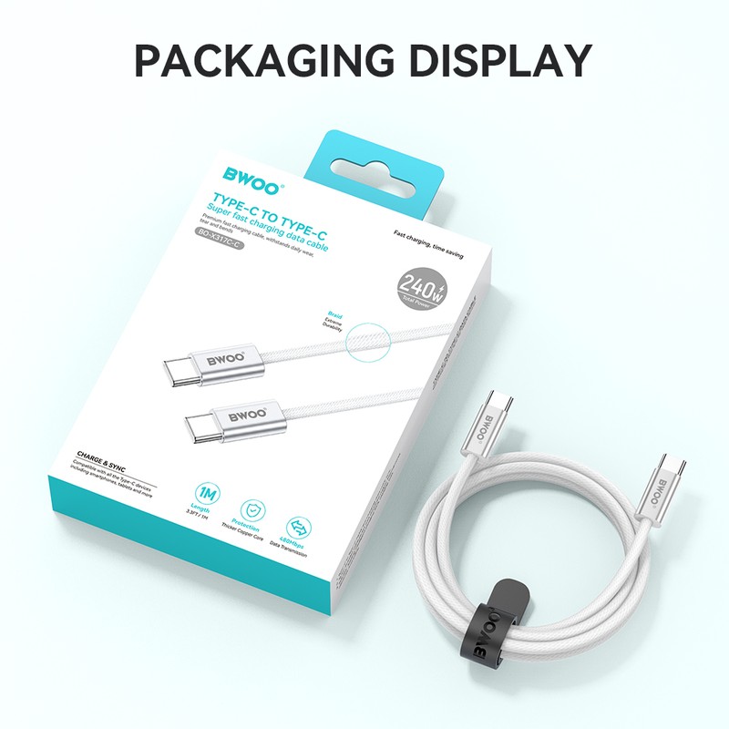 Cablu de date BWOO BO-X317C-C, USB-C - USB-C, 1 m, 240W, alb