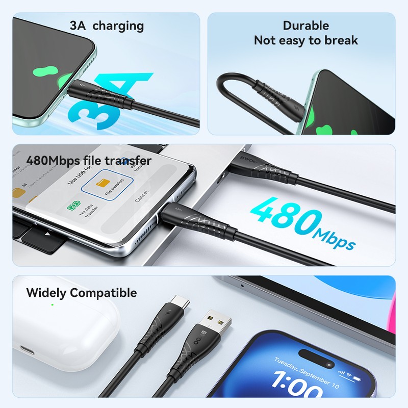 Cablu de date BWOO BO-X318C, USB-A - USB-C, 1 m, 27W 3A, negru