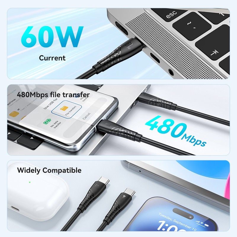 Cablu de date BWOO BO-X318, USB-C - USB-C, 1 m, 60W, negru