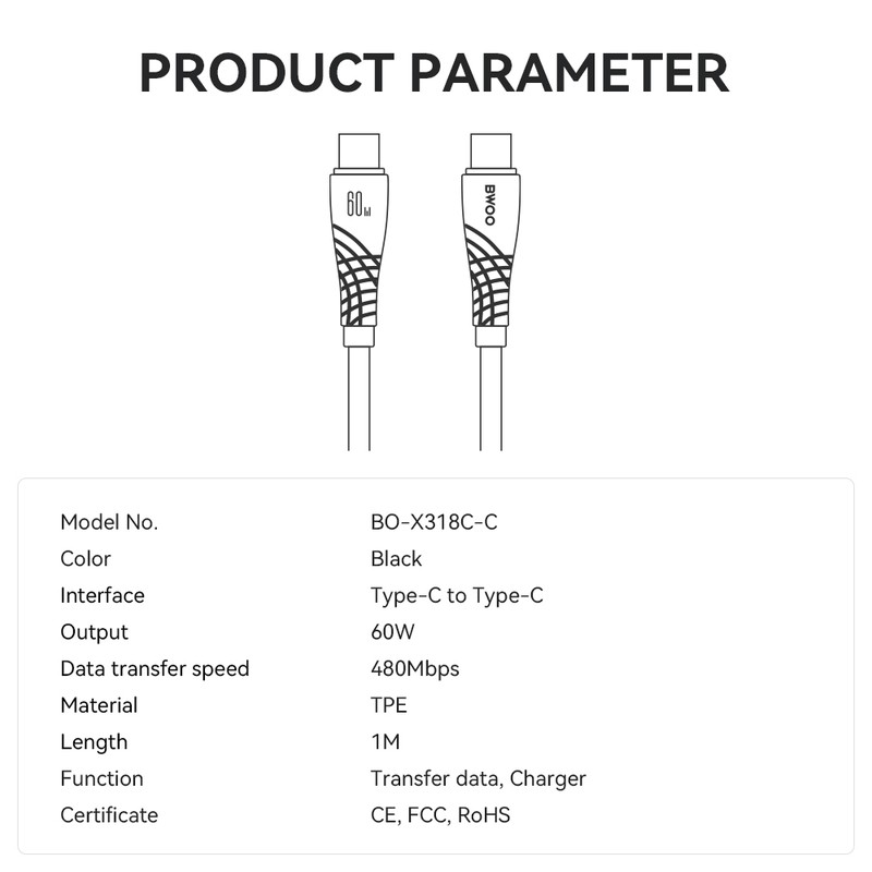 Cablu de date BWOO BO-X318, USB-C - USB-C, 1 m, 60W, negru