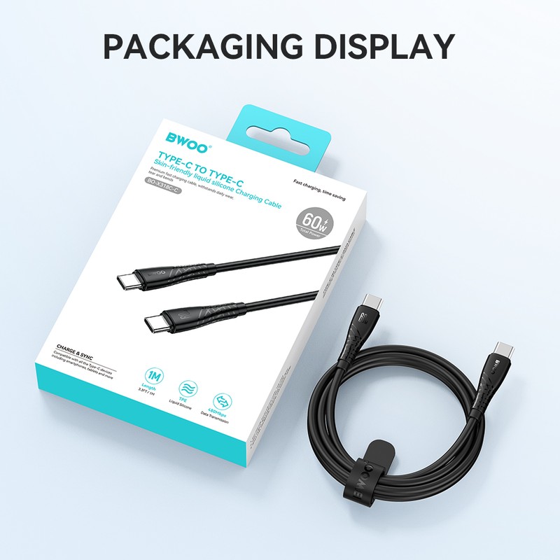 Cablu de date BWOO BO-X318, USB-C - USB-C, 1 m, 60W, negru