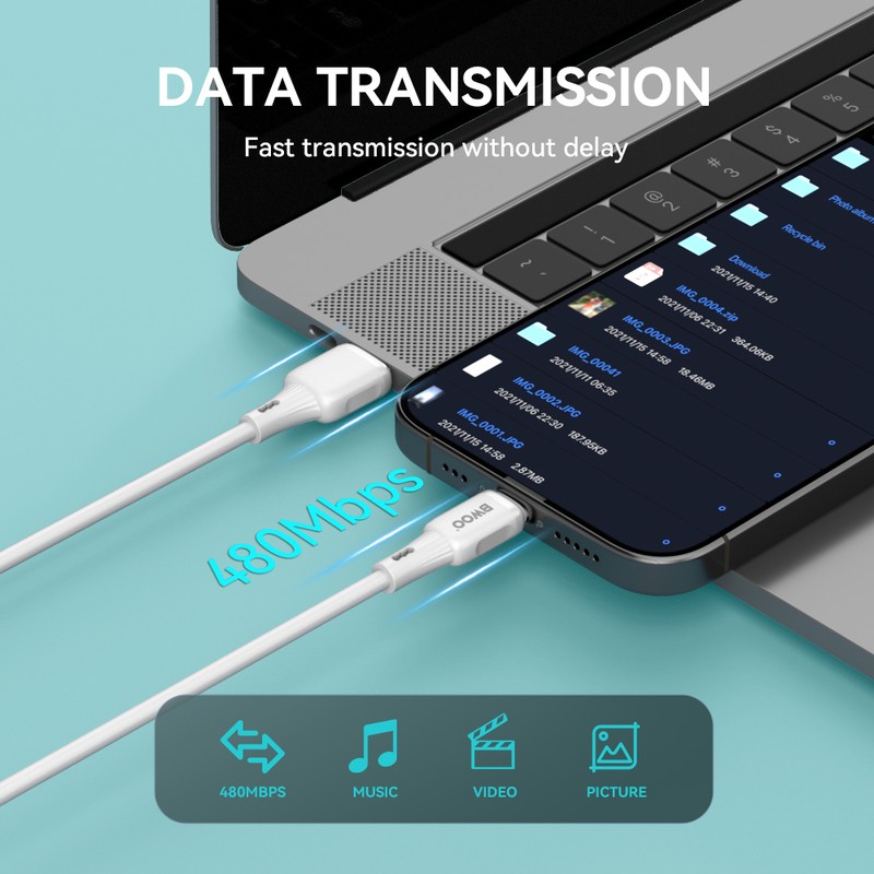 Cablu de date BWOO X329L, USB-A - Lightning, 1 m, 3A, alb
