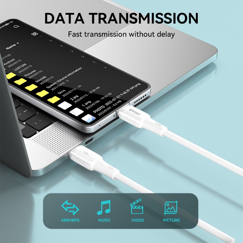 Cablu de date BWOO X329CC, USB-C - USB-C, 1 m, 65W, alb