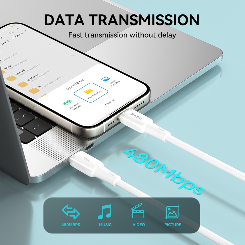 Cablu de date BWOO X329CL, USB-C - Lightning, 1 m, 27W, alb