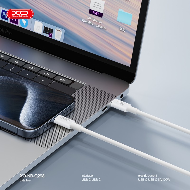 Cablu de date XO NB-Q302B, USB-C - USB-C, 1 m, 60W, alb