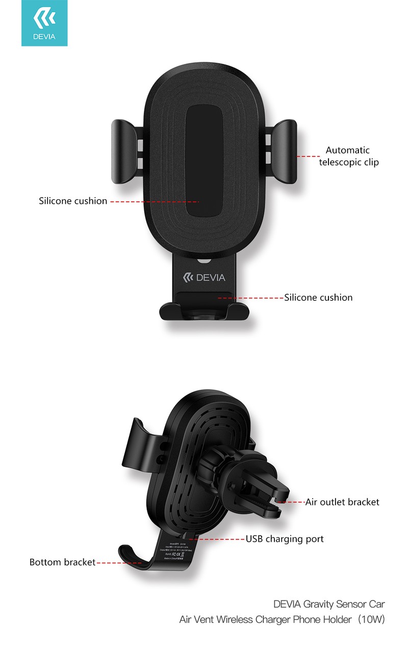 Suport auto Devia Gravity, prindere in grila de ventilatie, incarcare wireless 10 W, gravitational, negru