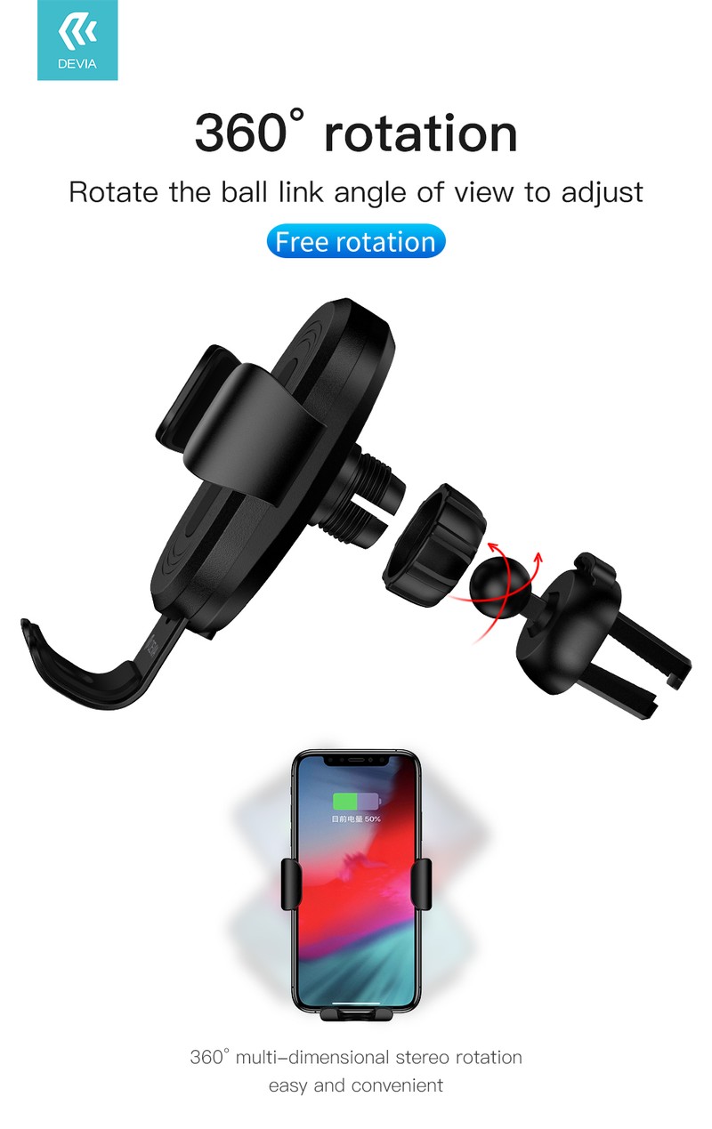 Suport auto Devia Gravity, prindere in grila de ventilatie, incarcare wireless 10 W, gravitational, negru