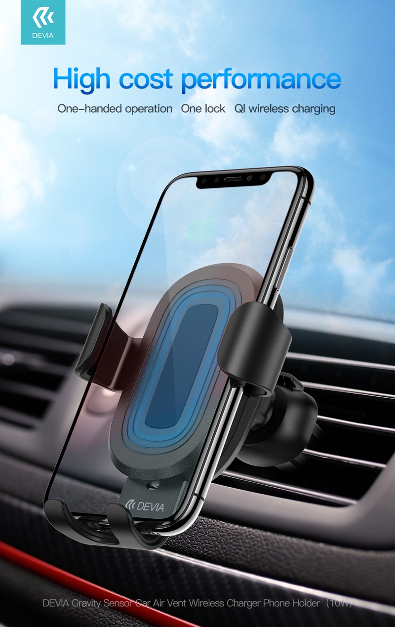 Suport auto Devia Gravity, prindere in grila de ventilatie, incarcare wireless 10 W, gravitational, negru