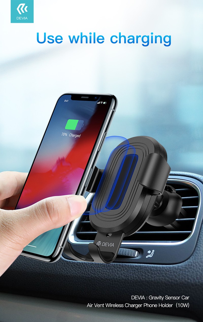 Suport auto Devia Gravity, prindere in grila de ventilatie, incarcare wireless 10 W, gravitational, negru
