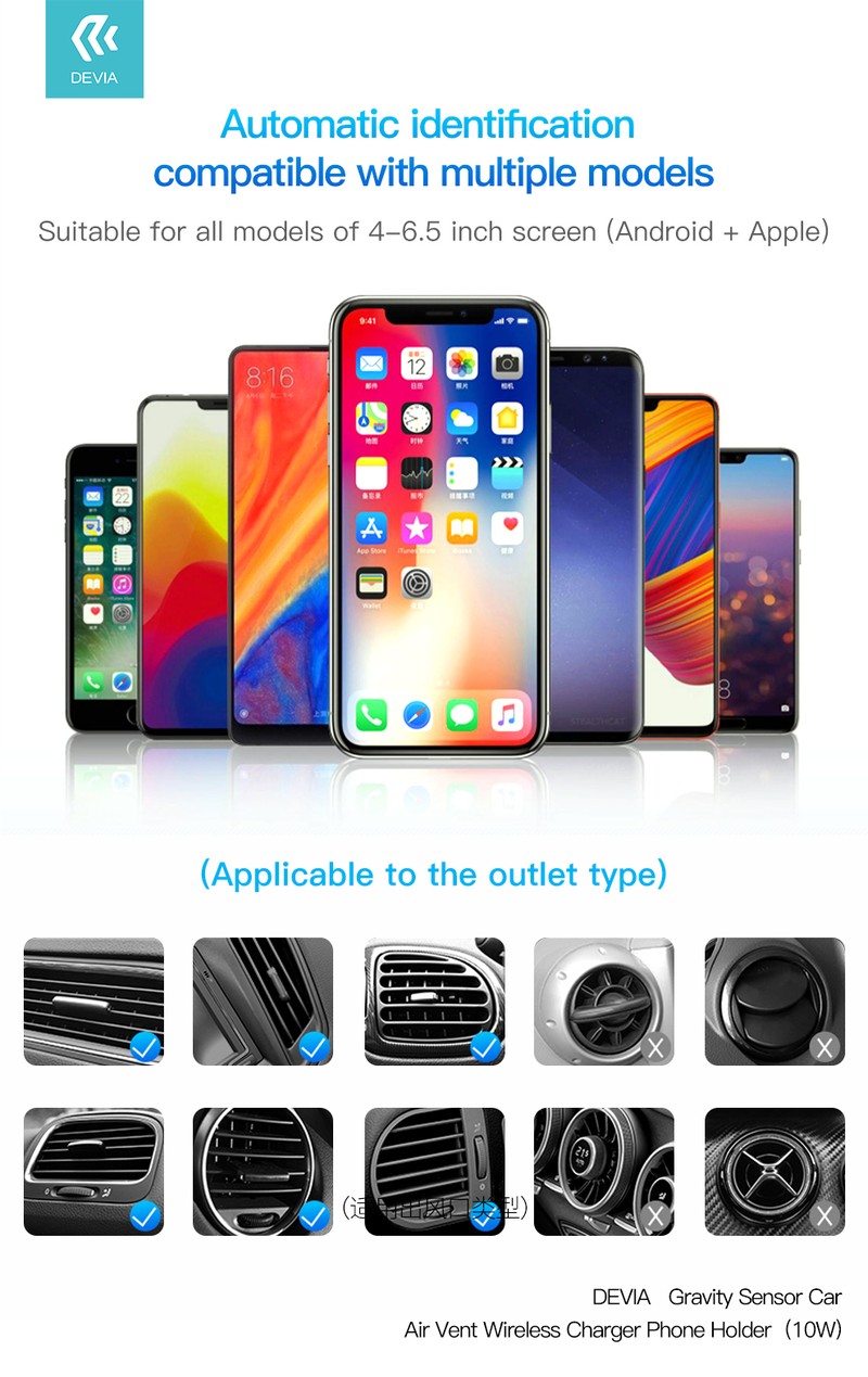 Suport auto Devia Gravity, prindere in grila de ventilatie, incarcare wireless 10 W, gravitational, negru