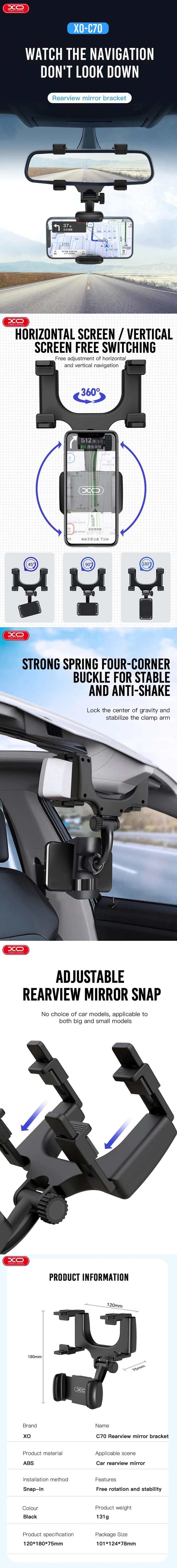 Suport auto XO C70, pe oglinda retrovizoare, negru