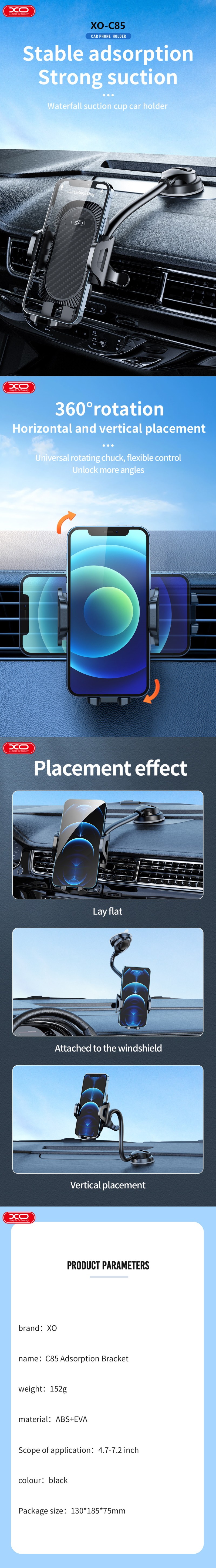 Suport auto XO C85, cu ventuza, negru