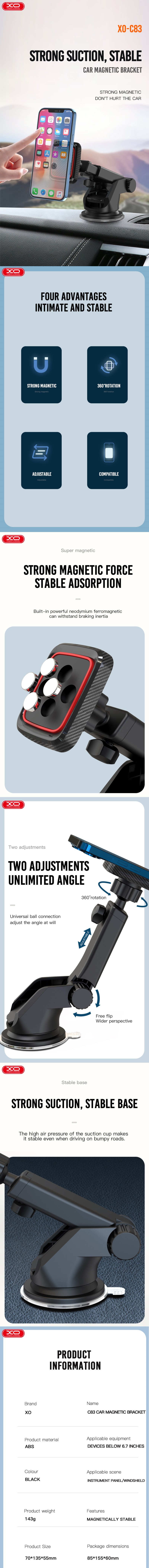 Suport auto XO C83, cu ventuza, magnetic, negru