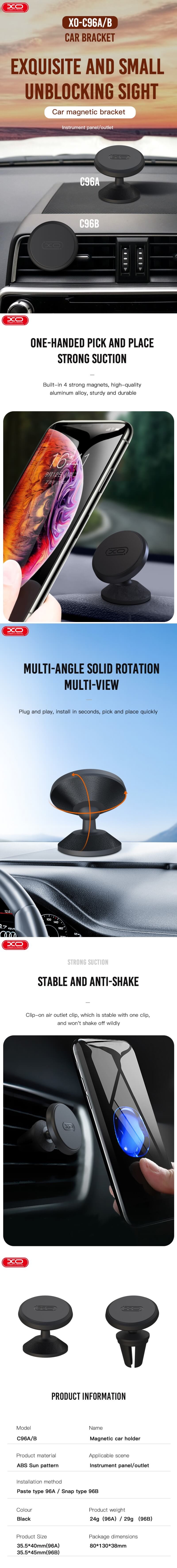 Suport auto XO C96B, prindere in grila de ventilatie, magnetic, negru