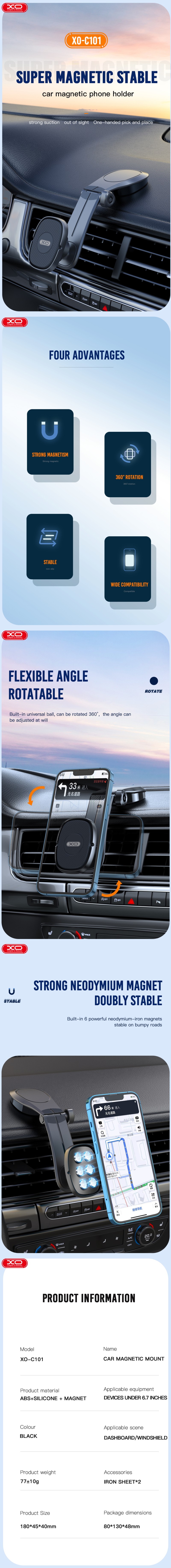 Suport auto XO C101, cu prindere adeziva, magnetic, negru