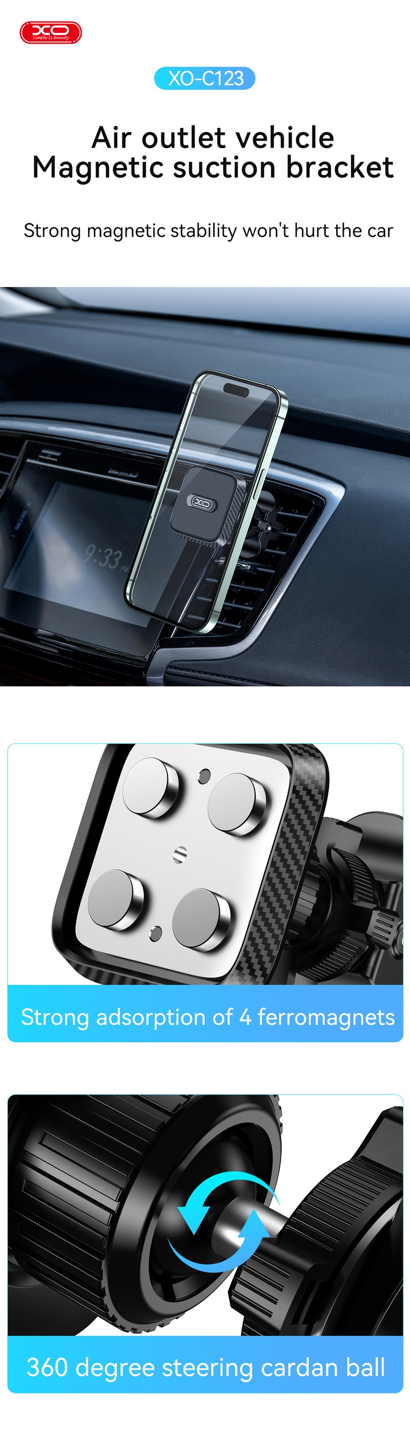 Suport auto XO C123, prindere in grila de ventilatie, magnetic, negru