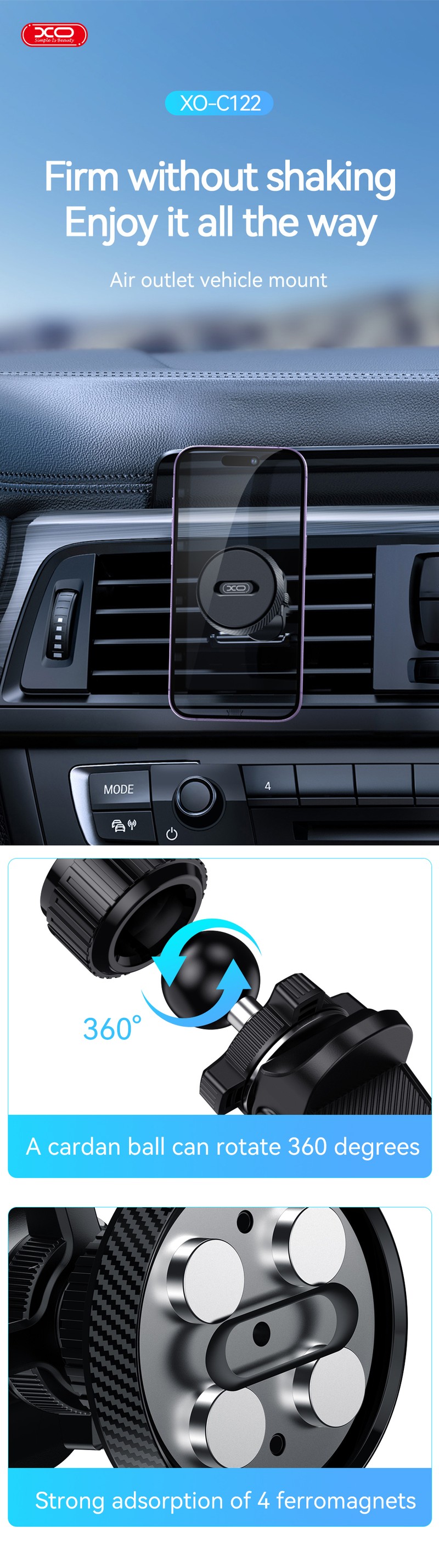 Suport auto XO C122, prindere in grila de ventilatie, magnetic, negru