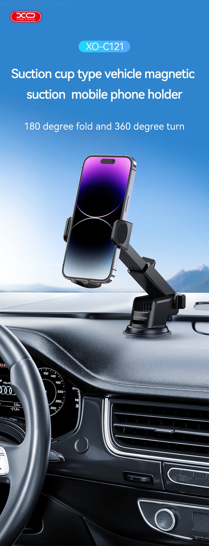 Suport auto XO C121, cu ventuza, negru