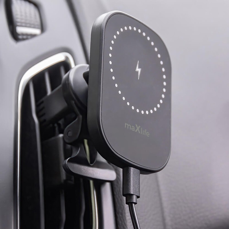 Suport auto Maxlife MXCH-16, prindere in grila de ventilatie, incarcare wireless 15 W, magnetic, negru