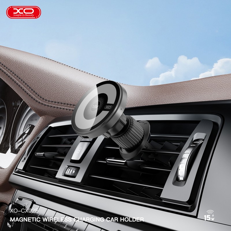 Suport auto XO CX025, prindere in grila de ventilatie, incarcare wireless 15 W, MagSafe, negru