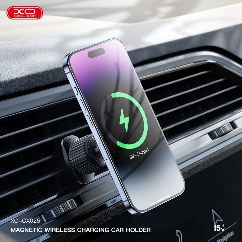 Suport auto XO CX025, prindere in grila de ventilatie, incarcare wireless 15 W, MagSafe, negru