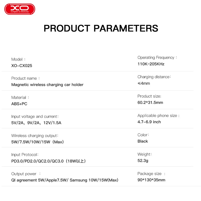 Suport auto XO CX025, prindere in grila de ventilatie, incarcare wireless 15 W, MagSafe, negru