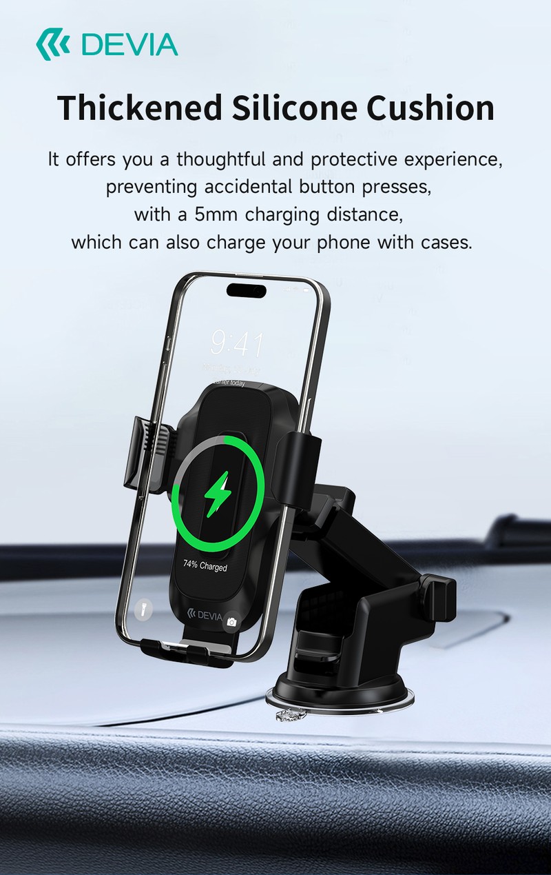 Suport auto Devia EA497, cu ventuza, incarcare wireless 15 W, negru