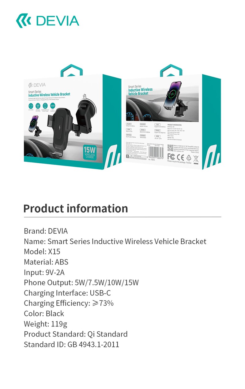 Suport auto Devia EA497, cu ventuza, incarcare wireless 15 W, negru