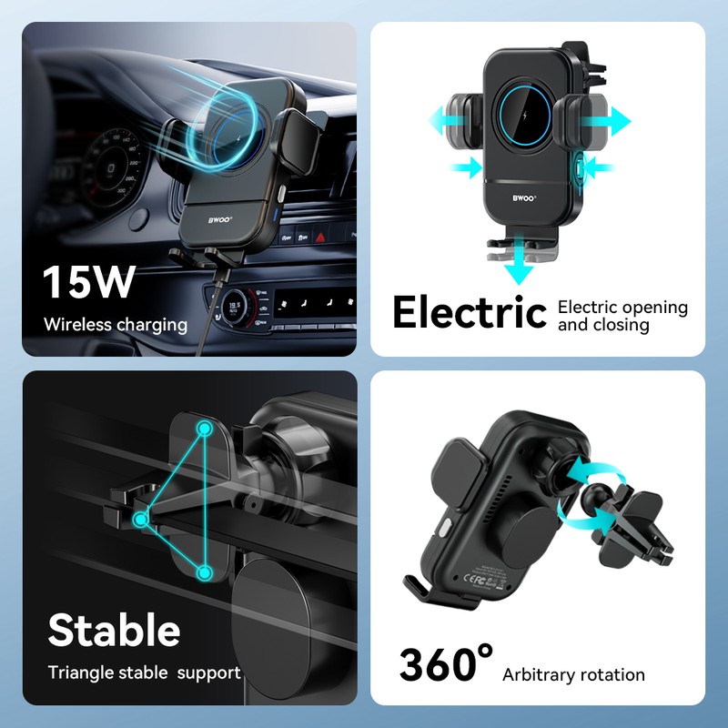 Suport auto BWOO ZJ137, cu clema, incarcare wireless 15 W, inchidere automata, negru
