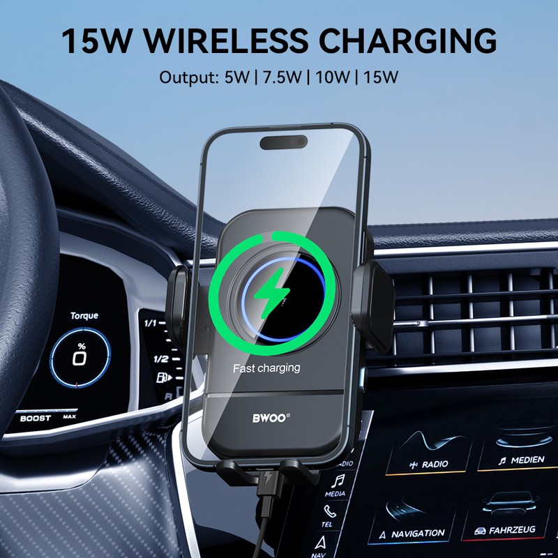 Suport auto BWOO ZJ137, cu clema, incarcare wireless 15 W, inchidere automata, negru