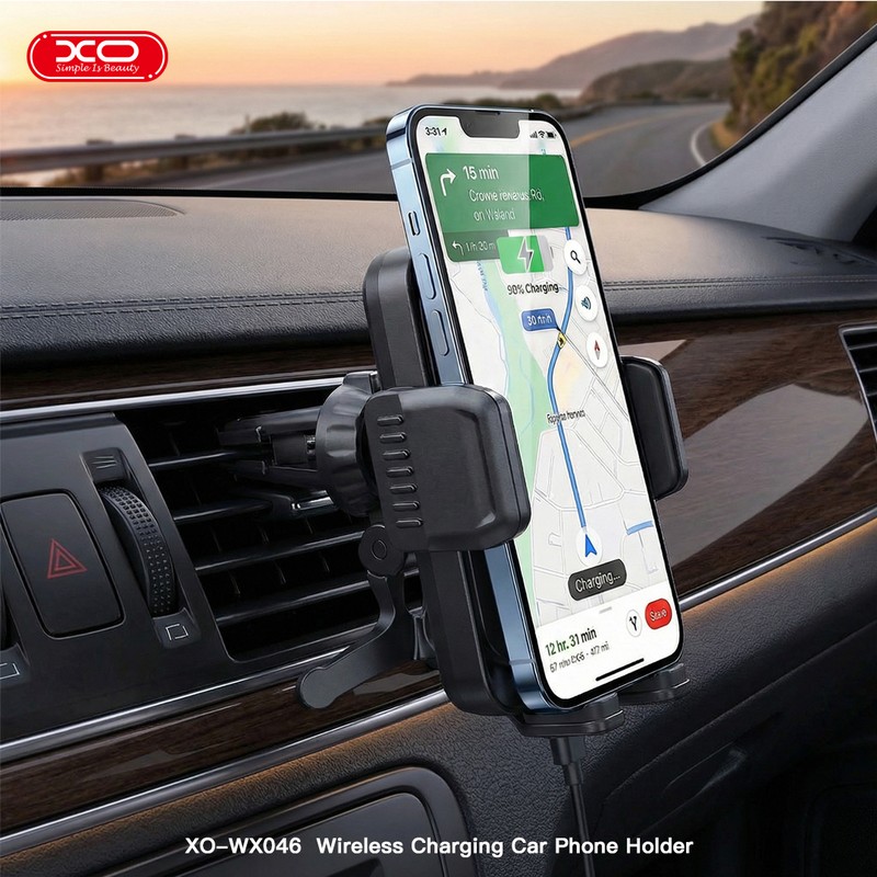 Suport auto XO WX046, prindere in grila de ventilatie, incarcare wireless 15 W, negru