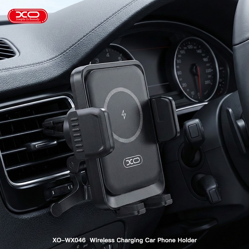 Suport auto XO WX046, prindere in grila de ventilatie, incarcare wireless 15 W, negru