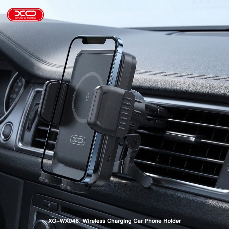 Suport auto XO WX046, prindere in grila de ventilatie, incarcare wireless 15 W, negru