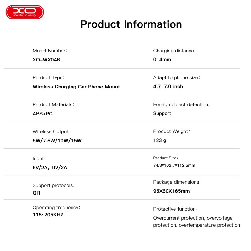 Suport auto XO WX046, prindere in grila de ventilatie, incarcare wireless 15 W, negru