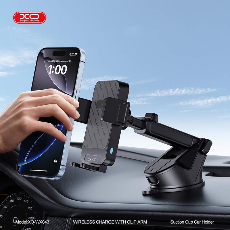 Suport auto XO WX043, cu ventuza, incarcare wireless 15 W, negru