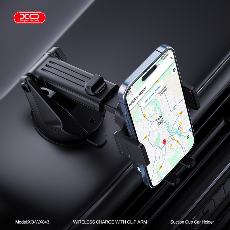 Suport auto XO WX043, cu ventuza, incarcare wireless 15 W, negru