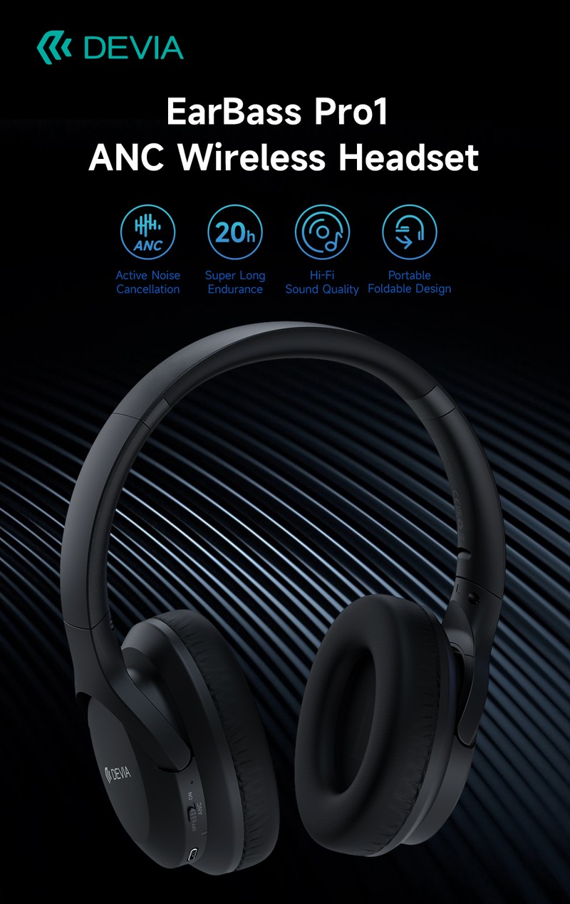Casti over-ear Devia EarBass Pro1, Bluetooth, cu ANC, cu microfon, pliabile, negre