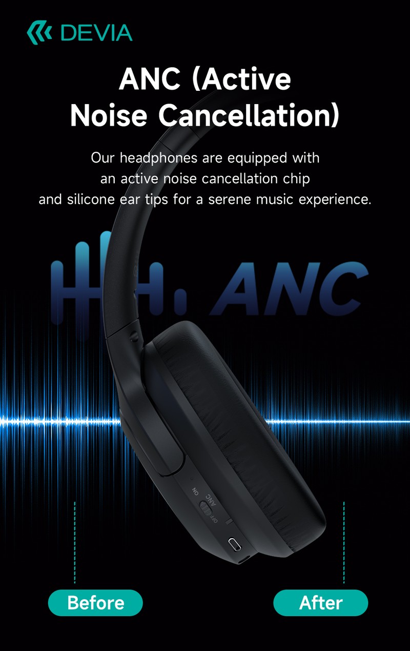 Casti over-ear Devia EarBass Pro1, Bluetooth, cu ANC, cu microfon, pliabile, negre
